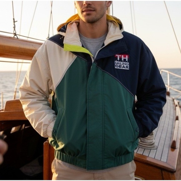 VINTAGE Tommy Hilfiger Sailing Gear Colorblock 90s Jacket Mens XL Green Navy - Picture 16 of 16